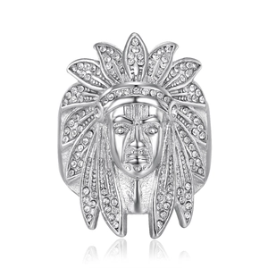 Hip hop silver plated Indian chief ring with sparkling stones for men, front view