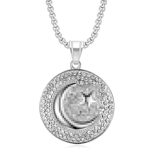 Hip hop silver steel circular pendant necklace with cubic zirconia moon star design