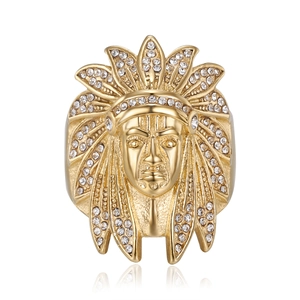 Hip hop style gold plated titanium steel ring with sparkling Indian chief head design