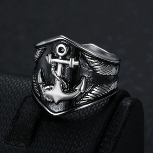 Vintage stainless steel nautical anchor ring for men with oxidized silver finish detail