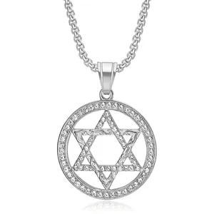 Polished titanium steel Hexagram pendant necklace with sparkling crystal inlay