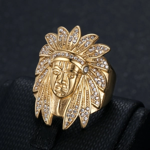 Gold plated hip hop ring featuring a detailed Indian chief head with sparkling crystals