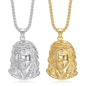 Collier Pendentif Portrait de Jésus en Acier Inoxydable Hip Hop Yeux en Strass Bijoux Polis Électroplaqués Homme Femme Or