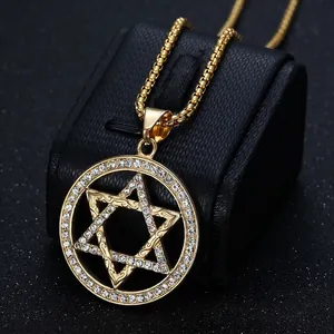 Hip-hop gold plated titanium steel necklace with star of David rhinestone pendant