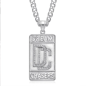 Hip hop silver tone military dog tag necklace with crystal DC Dream Chasers pendant