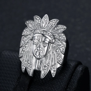 Mens iced out Native American Indian Chief ring in silver tone with white crystals