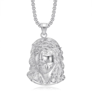 Pendentif Jésus argenté poli avec chaîne box et yeux en cristal collier hip hop chic