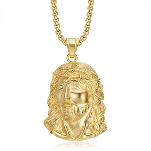 Collier hip hop plaqué or avec pendentif tête de Jésus, couronne d'épines et chaîne