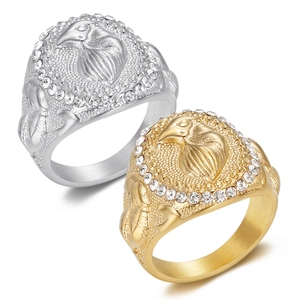 Hip Hop Men Eagle Head Ring Stainless Steel Gold Plated Rhinestone Punk Animal Finger Ring Vintage Jewelry Accessories Gift