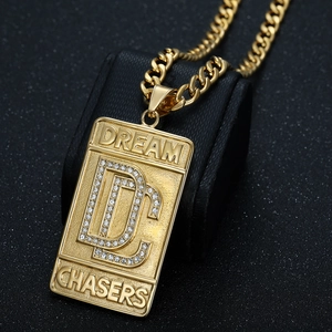 Hiphop gold plated titanium steel DC pendant necklace with rhinestones on Cuban link