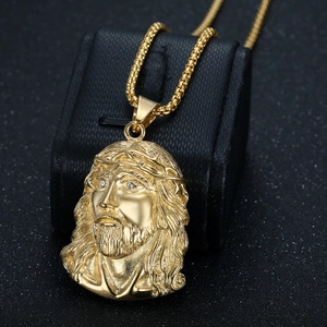 Collier avec pendentif tête de Jésus en or poli et chaîne box pour bijoux hip hop