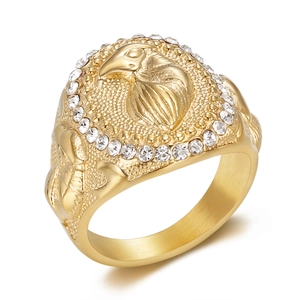 Gold plated stainless steel hiphop eagle ring for men with clear crystal diamonds