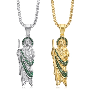 Collier Pendentif Saint Jude Hip Hop pour Hommes Femmes Plaqué Or Argent Acier Titane Strass Vert Bijoux Religieux
