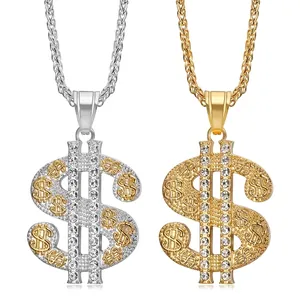 Collier Pendentif Signe Dollar Hip Hop Acier Inoxydable Strass Iced Out Bling Pendentif Symbole d'Argent Bijoux Homme Femme