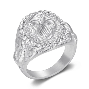 Silver eagle head ring for men with side feather textures and sparkling zircon inlay