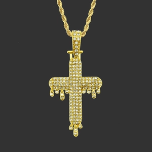 Hip Hop Drip Cross Pendant Necklace For Men Alloy Inlaid Rhinestone Iced Out Jewelry Streetwear Rope Chain Gold Silver Necklace
