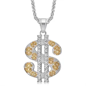 Collier pendentif dollar hip hop en acier avec cristaux et chaîne torsadée argent