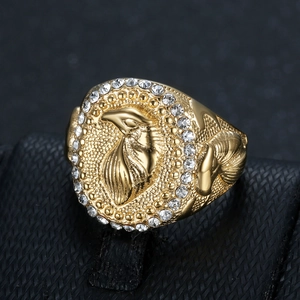 Hip hop gold plated stainless steel ring with dolphin relief and white crystal border