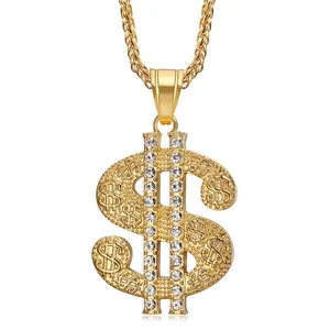 Collier hip-hop doré avec pendentif signe dollar serti de cristaux brillants