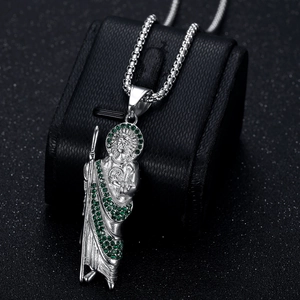 Pendentif Saint Jude en acier doré avec strass verts et collier à billes pour homme femme