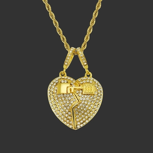 Hip Hop Stainless Steel Alloy Broken Heart Pendant Necklace For Men Women Gold Silver Pave Rhinestone Curb Chain Street Jewelry