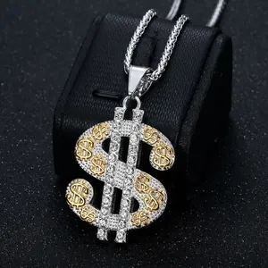 Pendentif signe dollar hip hop bicolore en acier avec pavage de zircons scintillants