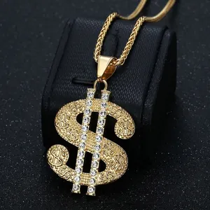 Collier hip hop avec pendentif signe dollar serti de cristaux dorés