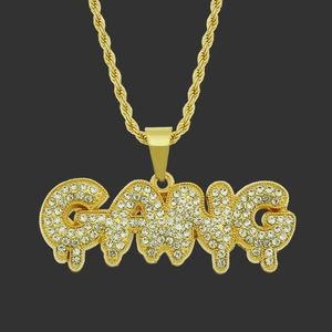 Collana con Ciondolo Lettera Gang Hip Hop per Uomo Strass Ghiacciato Lega Catena a Corda Gioielli Streetwear Oro Argento