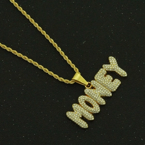Chaîne corde dorée hip-hop avec pendentif lettres MONEY en cristal pour homme