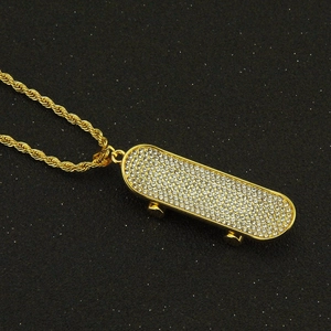 Hip-hop gold plated skateboard pendant necklace with iced out rhinestones and rope chain
