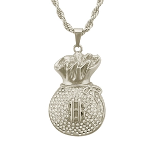 Hip hop silver money bag pendant necklace with clear crystals and a dollar sign