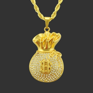 Hip Hop Dollar Sign Money Bag Pendant Necklace Iced Out Rhinestone Alloy Rope Chain Fashion Jewelry For Men Women
