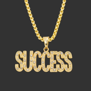 Hip Hop Success Letter Pendant Necklace For Men Gold Plated Alloy Iced Out Rhinestone Streetwear Jewelry Box Chain