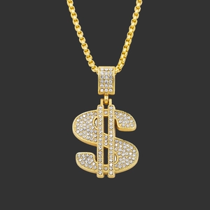 Hip hop gold dollar sign necklace with sparkling rhinestones on a box chain for men