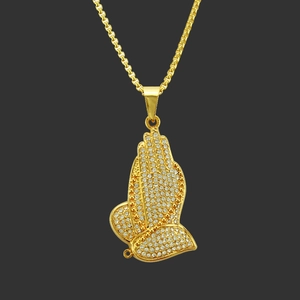 Collier Pendentif Mains en Prière Hip Hop Plaqué Or Alliage Strass Chaîne Box pour Hommes Bijoux Streetwear