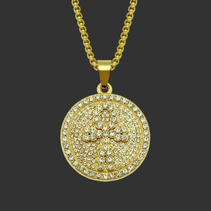 Collier Pendentif Croix Ankh Hip Hop en Alliage d'Or Avec Strass Médaillon Rond Bijoux Iced Out Pour Hommes Chaîne de Croix Religieuse