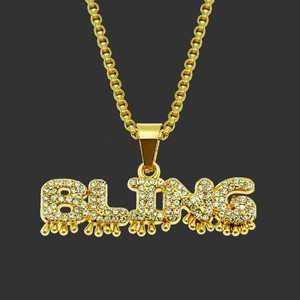 Hip Hop Bling Letter Pendant Necklace Gold Color Alloy Rhinestone Pave Melting Teardrop Streetwear Men Jewelry