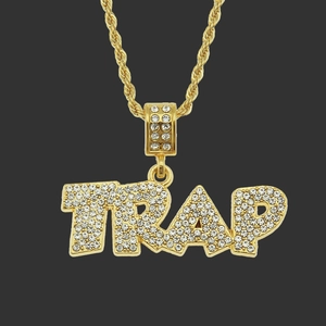 Hip Hop TRAP Letter Pendant Necklace Iced Out Rhinestone Alloy Jewelry Rope Chain Streetwear Accessories For Men Women