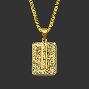 Hip Hop Men Gold Plated Dollar Sign Pendant Necklace Alloy Rhinestone Box Chain Iced Out Streetwear Fashion Jewelry Accessory