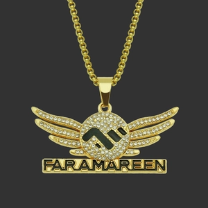 Hip Hop Wings Letter FARAMAREEN Pendant Rhinestone Inlaid Gold Tone Alloy Iron Box Chain Necklace For Men Women Club Jewelry