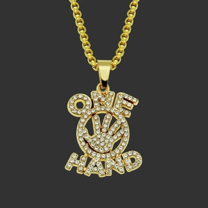 Men Women Hip Hop Iced Out ONE HAND Letter Gesture Pendant Necklace Gold Plated Rhinestone Alloy Iron Box Chain Jewelry Gift