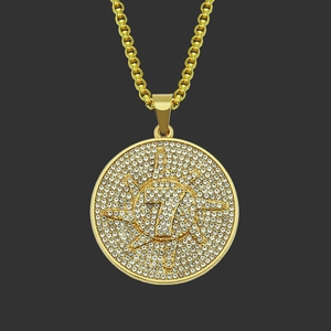 Hip Hop Men Iced Out Number Seven Round Medallion Pendant Necklace Alloy Rhinestone Bling Streetwear Fashion Jewelry For Party