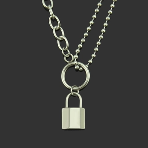Punk Style Stainless Steel Double Layer Padlock Pendant Necklace Women Silver Color Ball Link Chain Streetwear Jewelry