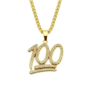 Hip Hop Number One Hundred Pendant Necklace Men Women Iced Out Rhinestone Alloy Pendant Jewelry With Long Box Chain