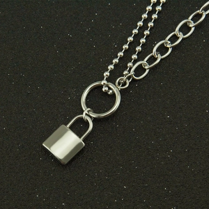 Double layer stainless steel bead chain necklace with polished padlock pendant design