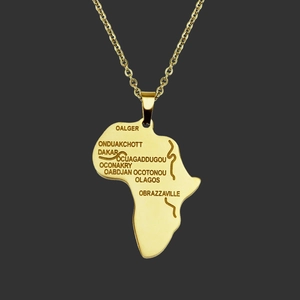 Collana con Pendente Mappa dell'Africa in Acciaio Inossidabile Hip Hop per Uomo Donna Nomi Città Incisi Catena Barbazzale Gioielli