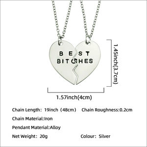 Silver split heart necklace set with Best Bitches engraving and chain dimensions