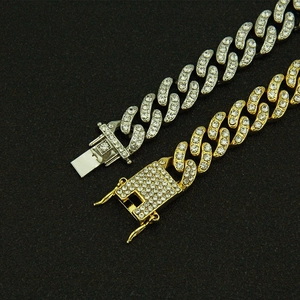 Chaîne cubaine hip-hop de 13 mm en or et argent avec strass brillants pour hommes
