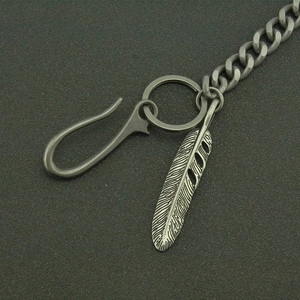 Retro gunmetal biker wallet chain with intricate feather pendant and S-shaped hook detail
