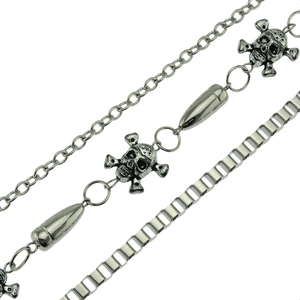 Punk style multi-layer pants chain featuring vintage skull and bullet charms in dark silver